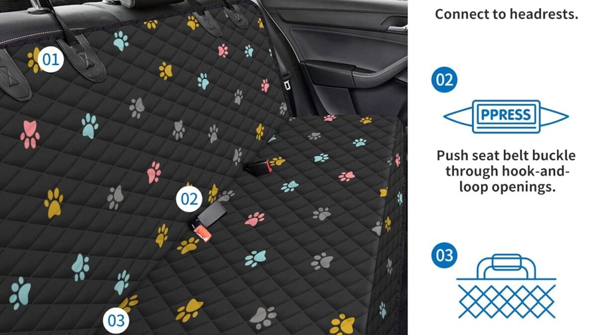 BeneathYourFeet Dog Seat Cover (54 W x 56 L, Colored Paw Prints) Scratch Prevention Cover for Back Seat Waterproof Dog Hammock for Car with Mesh Window, Durable