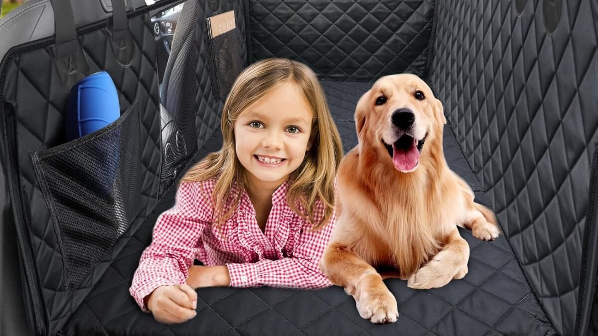 URPOWER Back Seat Extender for Dogs, Dog Car Seat Cover with Hard Bottom Dog Car Seat Bed Waterproof Dog Hammock for Car Pet Backseat Protector with Mesh Window and Storage Pocket for Car, Truck, SUV